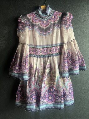 Zimmermann Celestial Zodiac Gemini Purple Bell-Sleeve Mini Dress 1AU/6US